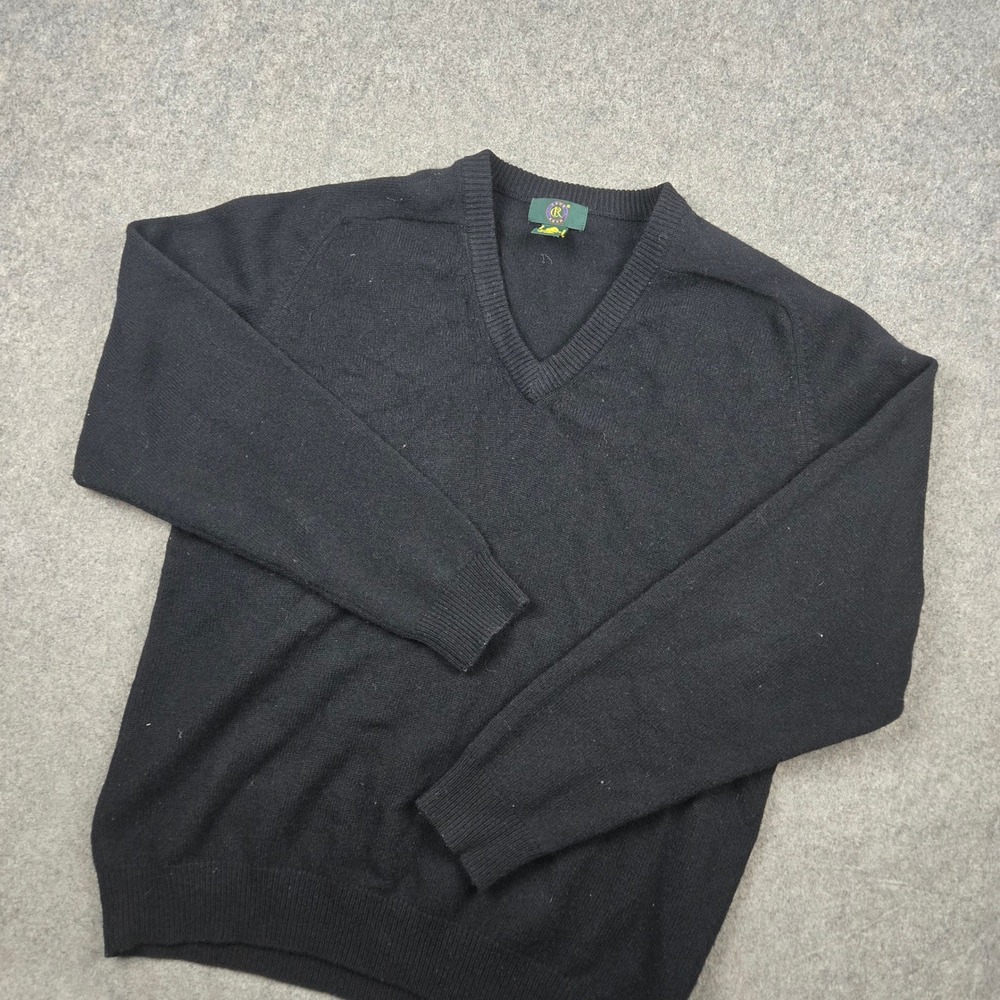 Vtg Club Room Sweater Mens M Black V-Neck 100% Lambswool Knit Preppy Classic